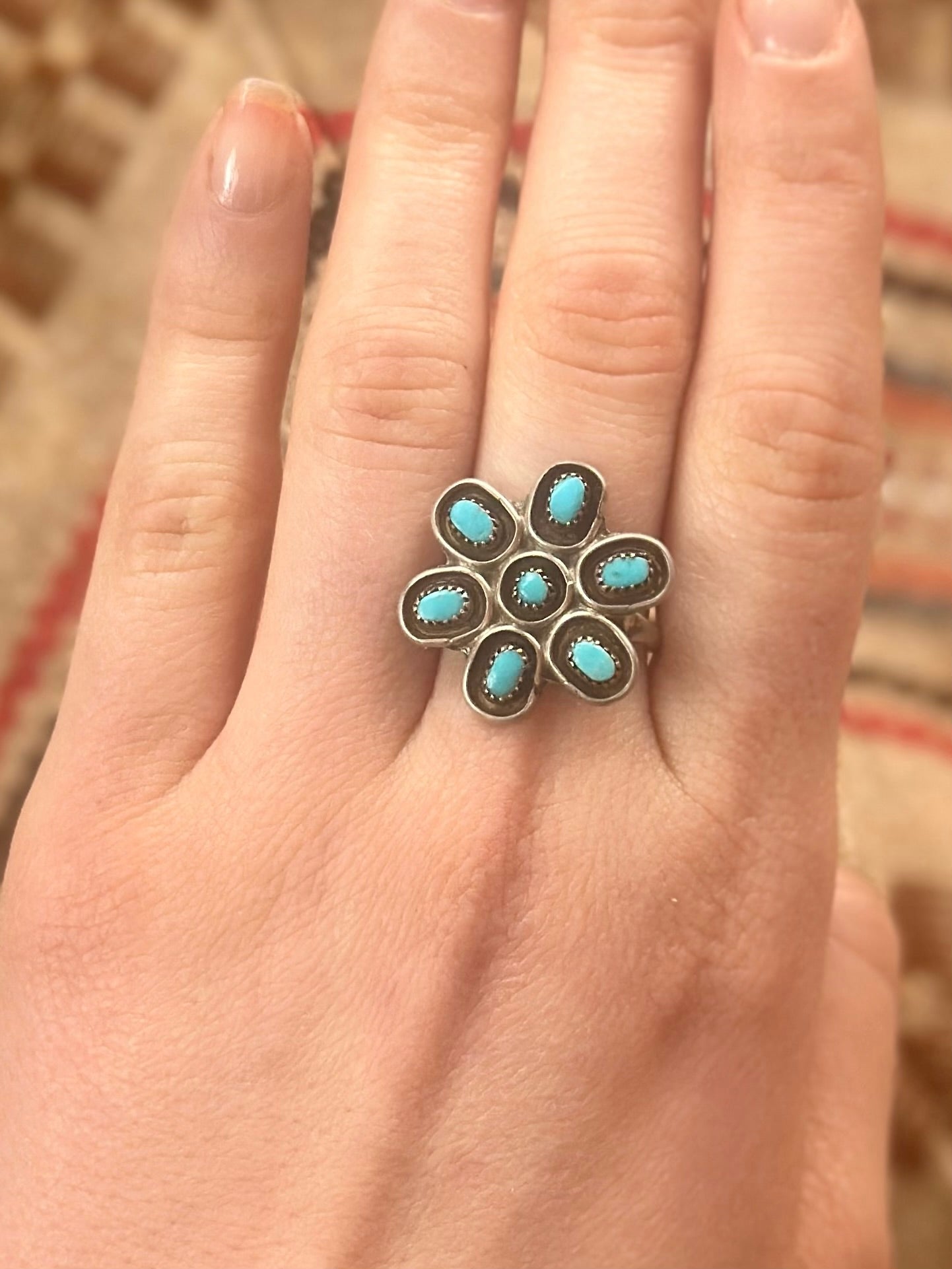 Zuni Turquoise Petit Point Flower Ring (Size 6.5)