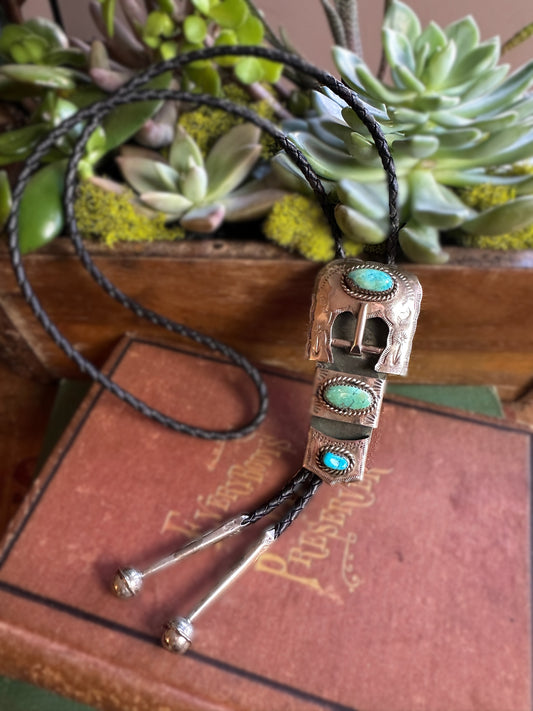 1970s/80s Buckle Bolo Tie with Turquoise Accents