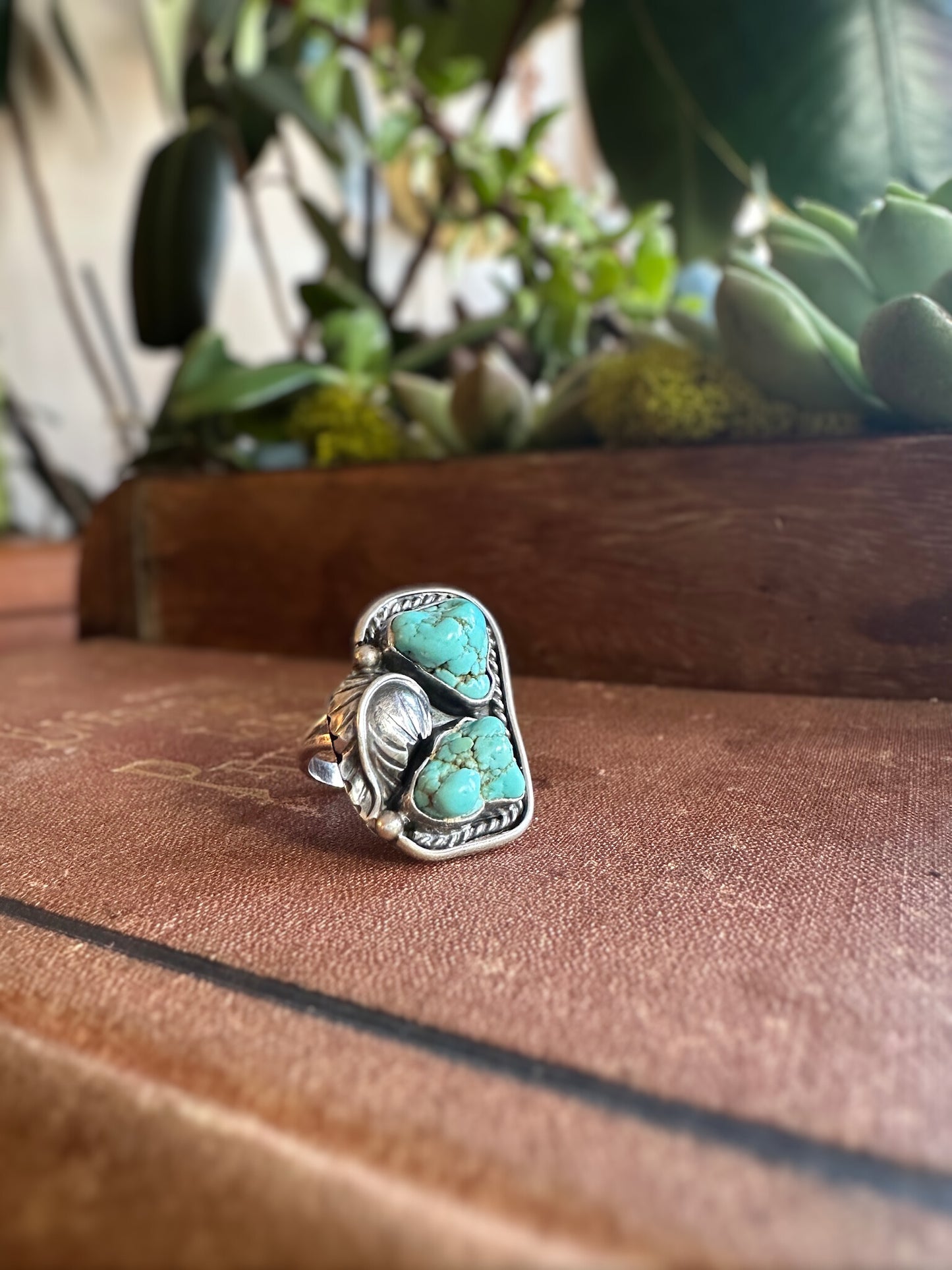 Large Raw Turquoise & Feather Ring (Size 5.5)