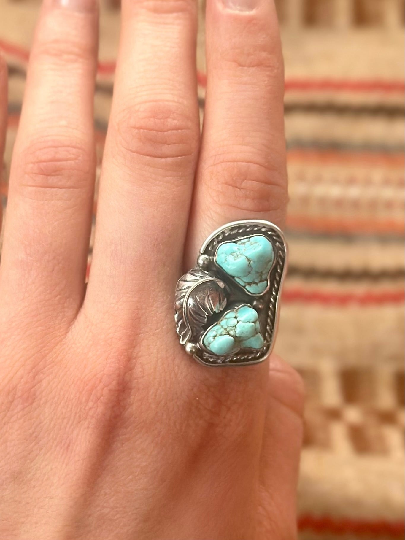 Large Raw Turquoise & Feather Ring (Size 5.5)