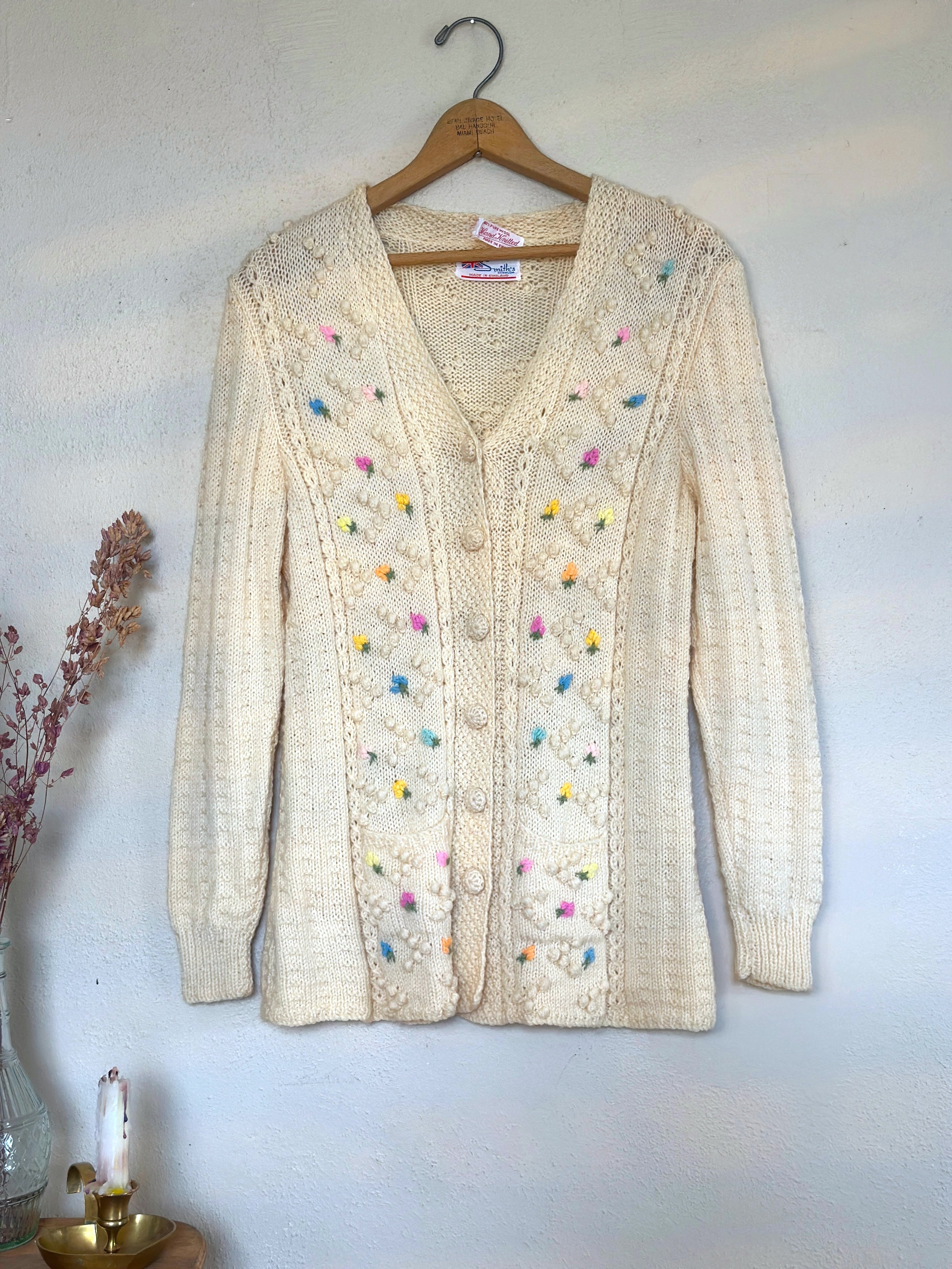 Handmade 1980s off-white wool cardigan, popcorn knit deals stitch / small