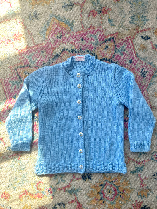 1970s Handmade Popcorn Knit Baby Blue Cardigan