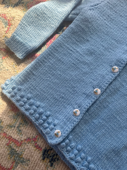 1970s Handmade Popcorn Knit Baby Blue Cardigan